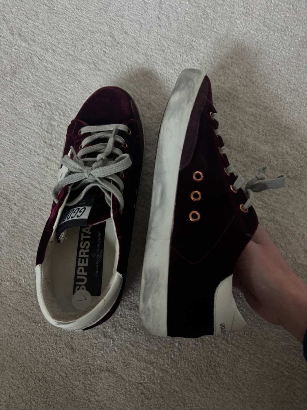 Golden Goose Velvet Burgundy Star Sneakers with White Heel - Picture 5 of 11
